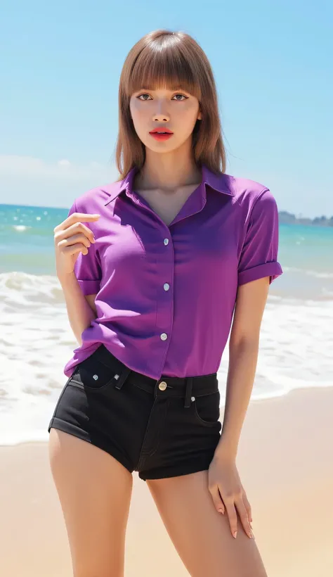 a woman, playing on the beach , front facing, purple shirt , black short cotton pants, big boobs, red lips