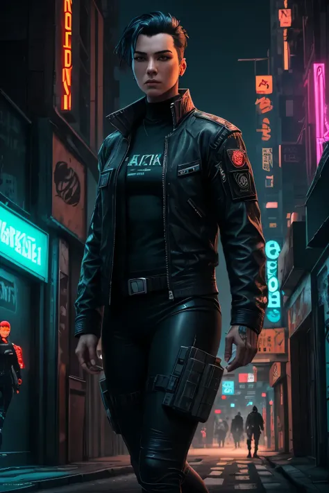 Cyberpunk: A 40 years old androgynous woman. Ripped. Jacked. Wide shoulders. Cool. Masculine facial features. Wide nose. Small eyes. Very short, slicked back hair. Dark-blue hair. Brown eyes. Masculine female, cool, experienced. Looking uninteressted. Fair...