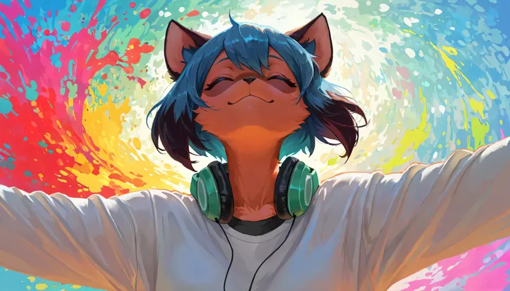 masterpiece, best quality, amazing quality, very aesthetic, high resolution, ultra-detailed, absurdres, newest, furry, FURRY, body fur, solo, paint, Michiru Kagemori from brand new animal, face close up, headphones, listening to sounds, artistic, front vie...