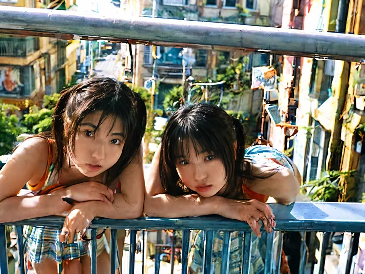 with a curious expression are leaning against the balcony railing、The、twin sisters looking down at the street。