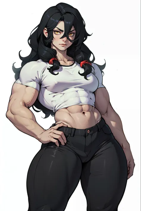 ((((muscular 1girl)))) ((thick thighs toned body perky)) (pale skin) black hair yellow eyes very long hair tight shirt and pants curly hair hair between eyes