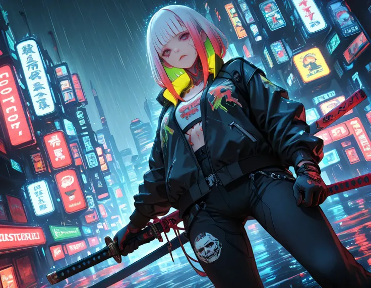1 girl,cyberpunk,mask, full color hair,(streetwear:1.3), Yakuza jacket, gloves,cyborg,(low view), dynamic angle,rain, looking at sky,hazy cityscape, Sharp focus, dynamic angle,HD,(detailed face and eyes), katana, ancient katana, looking at viewer,score_9,s...