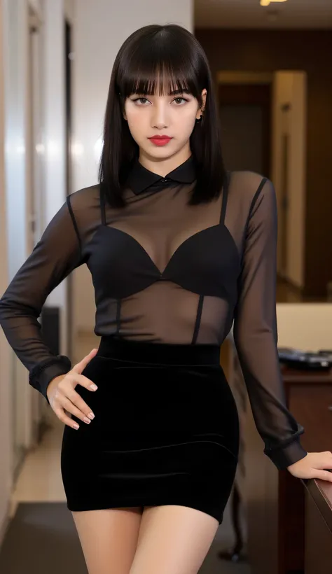 a woman, standing in the office,  front facing, using a transparent black formal blouse, black short formal skirt, big boobs, red lips, seductive face, short dark hair