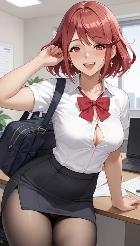  score_9, score_8_up, score_7_up,  source_Anime top quality、8k、 masterpiece、Ultra High Precision、 natural light、perfect anatomy、 One Woman、medium breasts、saggy breasts、Pyra 、((is embarrassing:1.3、fun、happy))、(office lady wearing ga、  office suit、I have a b...