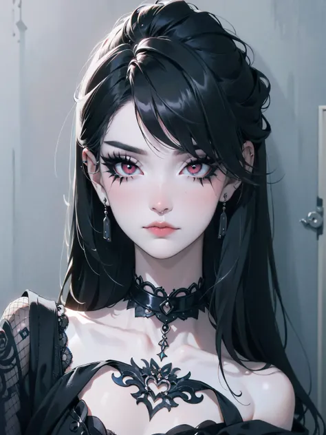 emo_hairstyle,, black tie, ((long hair)), ((straight hair)), (((black hair))), white skin, pale, white, , tired expression, choker, ((dark makeup, mascara, eyeshadow, tattoos)), multiple piercings, best quality, 8k,, erotic, slytherin, (fishnet outfit, lac...