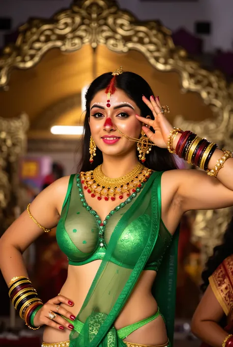 Glamorous figure,  huge breasts, Plump chest, green sheer underwear  ＭCharacter opening front leg, hindu tattoo all over her body, 'OM' necklace, sindoor on her forehead, sindoor spill on her nose and breasts, hindu temple in background, blur background