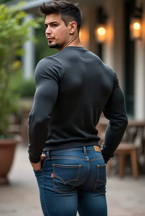 Realistic photograph , 30-year-old muscular (((athletic man))) crawling on the floor nalgon, rostro definido muy similar al de referencia, ojos negros, view from below, in profile, dark gray sweater and tight medium blue levis 501 jeans, stright back, in p...