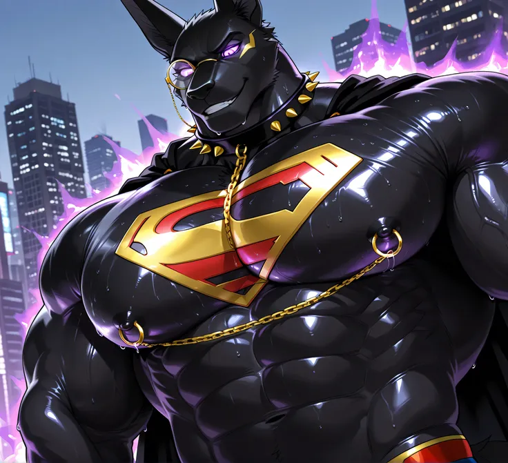 kemono, bara, solo, furry, Anthro, Drew, jackal, black body, male, tail, tall ears, huge muscular, purple glowing eyes, posing, wearing superman outfit, black cape, superman symbol on chest, huge black nipples, golden nipple rings, broad shoulders, broad c...