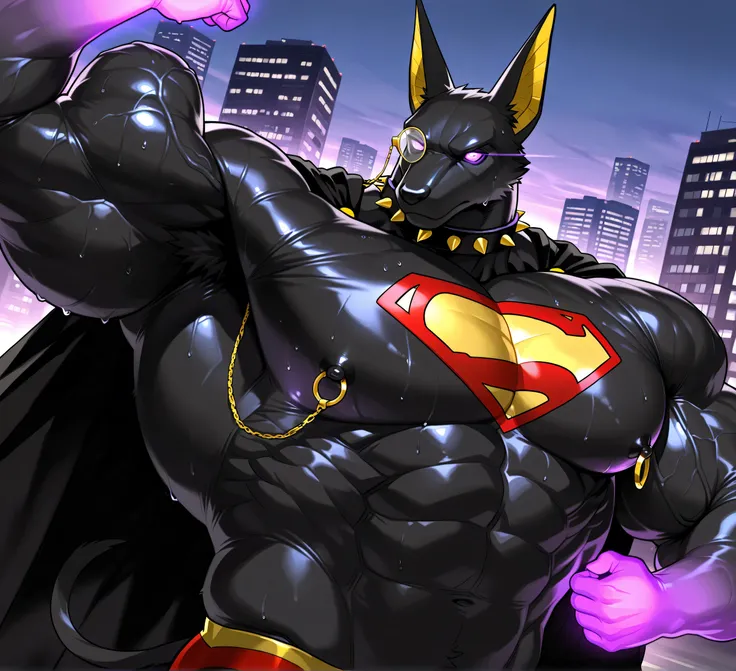 kemono, bara, solo, furry, Anthro, Drew, jackal, black body, male, tail, tall ears, huge muscular, purple glowing eyes, posing, wearing superman outfit, black cape, superman symbol on chest, huge black nipples, golden nipple rings, broad shoulders, broad c...
