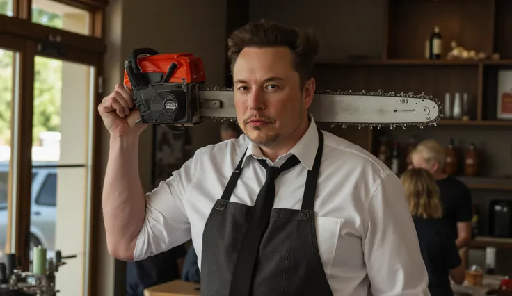 ElonMusk holding a chainsaw over his head, white shirt and loosely tied black tie and a butchers apron, texas location