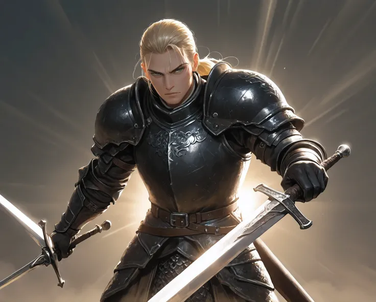 1 man, short hair, blond hair, Straight hair, ponytail,  greenish eyes , Serious, fair skin, great armor, black armor, two long swords, Viking Viking sword, brilliance, Backlighting,  diffracted rays,  bright light, rays of divine light, high resolution, b...