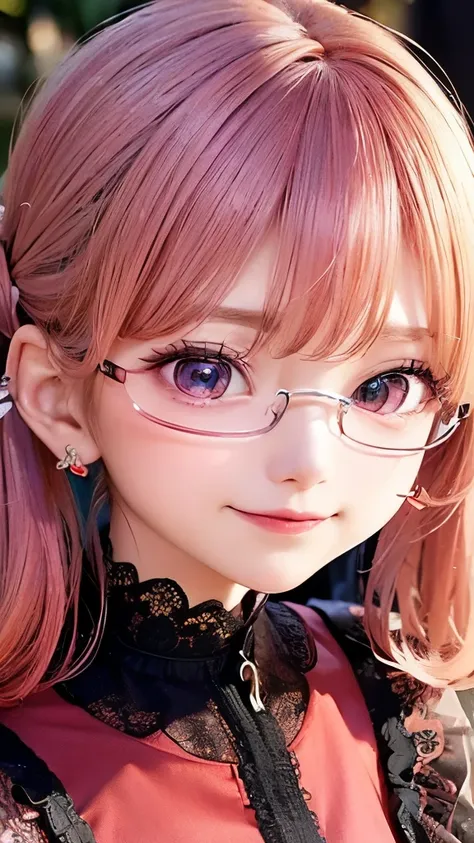 Small face、 (alone:1.5,)Very detailed,bright color, very beautiful detailed anime face and eyes, look straight ahead,  shiny_skin,girl, ((( iridescent hair, Colorful hair, Half light blue、半分はピンクの髪: 1.2))), 、shiny hair,  delicate beautiful face , blush、Glas...