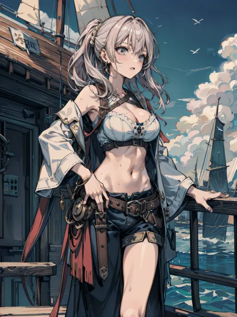 ideal ratio body proportions, perfect anatomy, correct body, earring, big breasts, narrow waist, short hair, black hair, wavy hair, hair behind ear, half updo, sweat, adult body, outdoor, cowboy shot, Pirates of the Caribbean, Sexy female pirate, On the de...