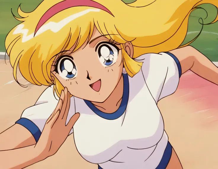 masterpiece,best quality,very aesthetic,highres, KisaragiHoney, 1girl, solo, blonde hair, long hair, blue eyes,smile,medium breasts, hairband,((white shirt)),navy buruma,((running)),outdoor, looking at viewer,cowboy shot,retro artstyle, anime coloring,