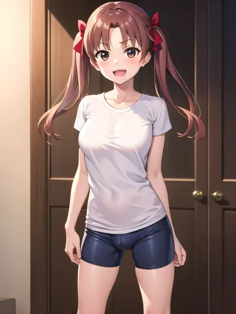 One Daughter, alone, long hair, Chest for Men, viewer, , smile,  open your mouth , brown hair,  shirt, Big Breasts、bow, Twin Tails, brown eyes, white t- shirt, hair bow,  blue bike shorts:1.3, indoors, erections:1.3, bulge, futanari girl with male genitals...