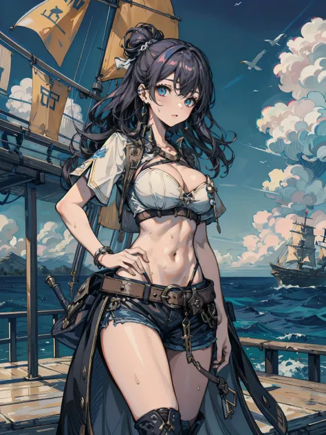 ideal ratio body proportions, perfect anatomy, correct body, earring, big breasts, narrow waist, short hair, black hair, wavy hair, hair behind ear, half updo, sweat, adult body, outdoor, cowboy shot, Pirates of the Caribbean, Sexy female pirate, On the de...