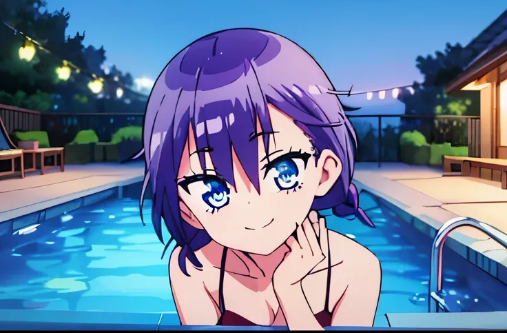 ((masterpiece)), ((best quality)), (ultra-detailed), pool, night, a cute girl, 1girl, solo, bikini, ((beautiful eyes)), smile