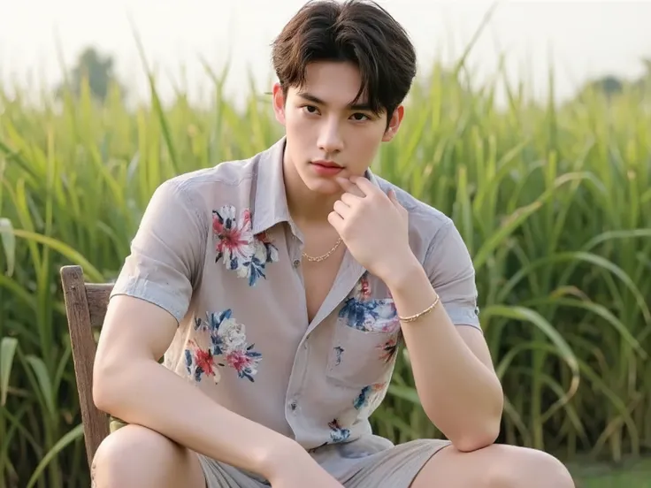1boy,best quality,masterpiece,realistic,highres,absurdres,Photographic,realistic,transparent shirt,floral shirt,transparent floral shorts,outdoor background,bokeh,BIG ,natural light,bright light,rice field background,gold jewelry,sitting_on_chair,