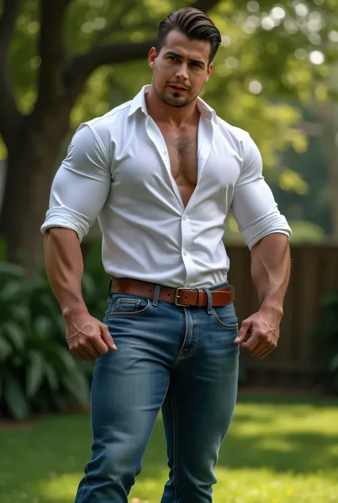 realistic photography, 35-year-old muscular (((athletic man))) , brushed to the side, view From below, nalgon in profile, stripe white formal shirt and very tight blue levis 501 jeans, brown belt, in profile, Big butt, viendo a cámara, black eyes, in the y...