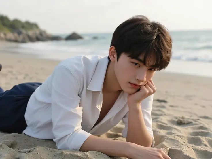 a young man laying on top of a sandy beach, a picture, tumblr, shin hanga, perfect face and boy, yuli ban, sakimichan frank franzzeta, official, near the seashore, donglu yu, eren yeager, desrt, kim jung gi, eye contact, bian luan