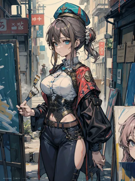 ideal ratio body proportions, perfect anatomy, correct body, earring, big breasts, narrow waist, short hair, black hair, wavy hair, hair behind ear, half updo, sweat, adult body, outdoor, cowboy shot, painter, paint on face, dirty clothes, palette, beret, ...