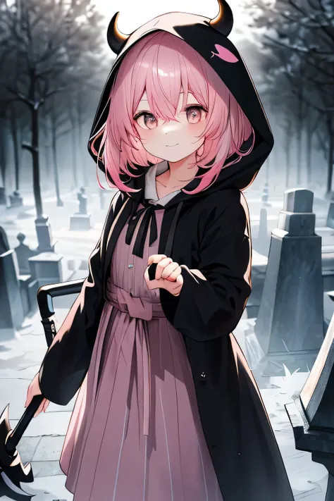 cute grim reaper wearing a hood shrouded in dark fog,Swinging a Scythe,Emerging from the swirling shadows.,Emerging from the swirling shadows. standing in the graveyard of forgotten souls .(Light Brown and Pink Striped Hair:1.3,),perfect face, Correct Body...