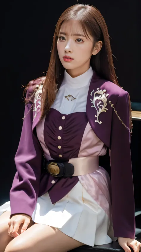 ( 高精細CG),( top quality ),((frontal view)),((Composition showing the upper body)),((black room background with no lights)),(( 1girl )), perfect face, shiny skin ,wide hips , thin waist, purple bolero jacket,((white skirt)), Long Sleeve , pink belt,((bro...