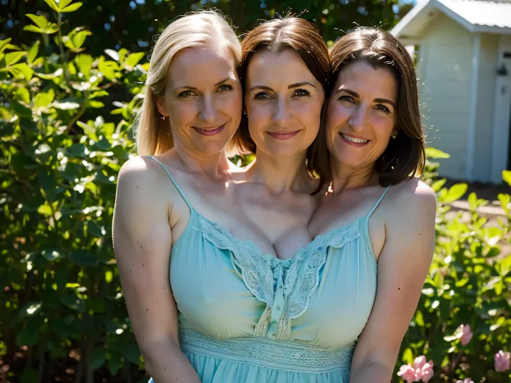 2heads, best resolution, highly detailed, closeup, lovely two-headed mom, age 52, Irish-American, pale skin, wearing a sundress, in her backyard on a sunny spring day,