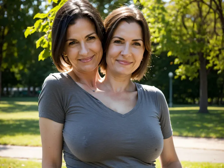 2heads, best resolution, highly detailed, closeup, lovely two-headed mom, age 52, German-American, pale skin, wearing a dark gray casual shirt, outside in a park on a sunny spring day,