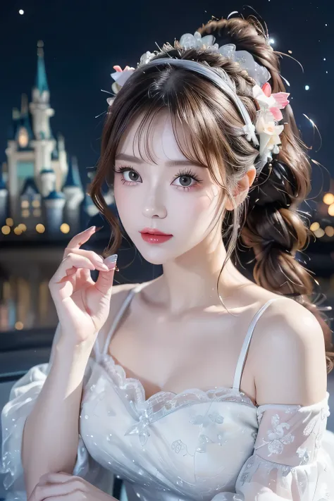 ( let's take a peek at the viewer :1.3),( 3d animation:1.3),( Grimm's fairy tale world ),(cinderella,cinderella,Princess covered in ash:1.3),(cinderella's Castle in the background:1.3),(((Lace off-the-shoulder white dress))),.( make the subject look three-...
