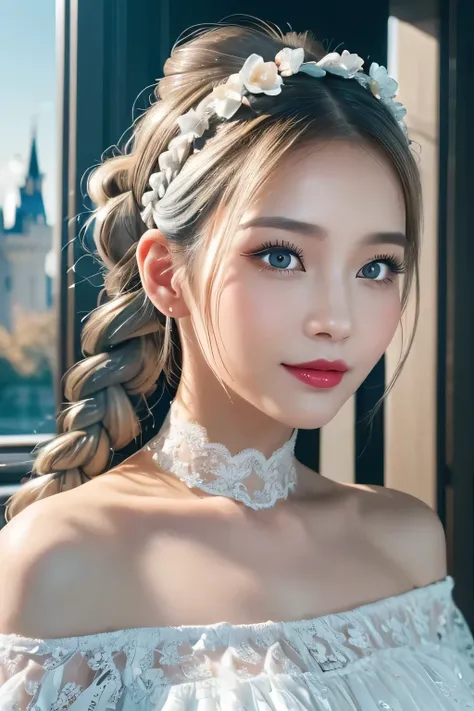 ( let's take a peek at the viewer :1.3),( 3d animation:1.3),( Grimm's fairy tale world ),(cinderella,cinderella,Princess covered in ash:1.3),(cinderella's Castle in the background:1.3),(((Lace off-the-shoulder white dress))),.( make the subject look three-...