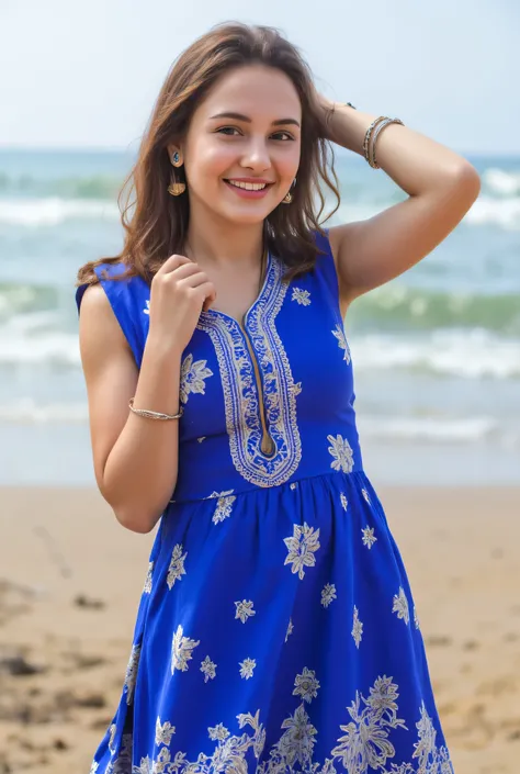 24 year girl in Indian village not modern village rural vibe wearing blue gujrati dress on Goa beach in front of local people with smile on face showing real cuteness hand in hair with style giving pose real cuteness in front of sea