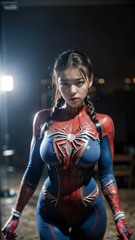 top-quality close-up portrait, ((Beautiful korean girl, wearing spiderman white costume, microfiber material):1.5), bewitching face, ((spiderman likeness):1.4), ((beautiful detailed eyes, round big eyes, beautiful detailed lips, sharp nose, extremely detai...