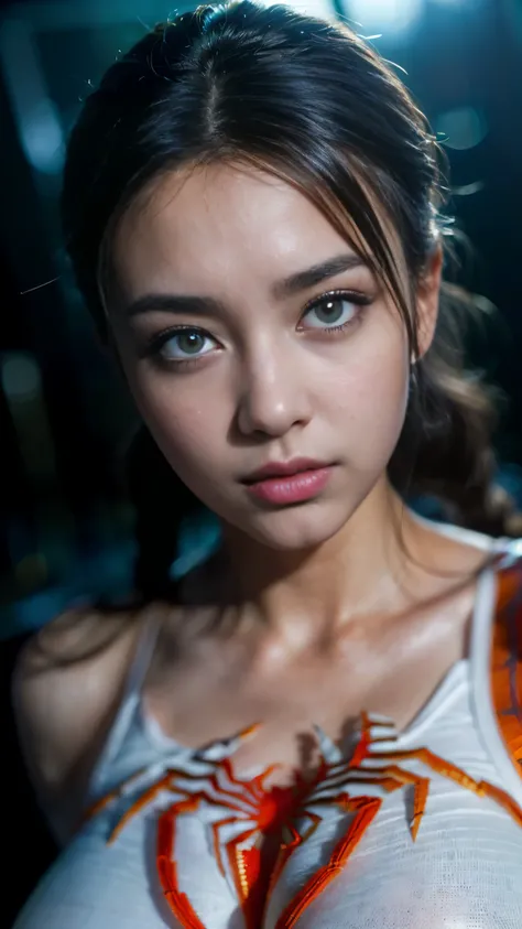 top-quality close-up portrait, ((Beautiful korean girl, wearing spiderman white costume, microfiber material):1.5), bewitching face, ((spiderman likeness):1.4), ((beautiful detailed eyes, round big eyes, beautiful detailed lips, sharp nose, extremely detai...