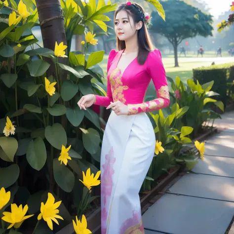 Master piece, 1 girls, solo, cinematic full light, in the park, elegant beauty, Myanmar causal, kmm, wearing kmm