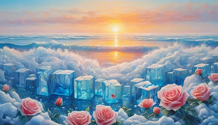 painting:(((sunrise,{{ocean}},horizon,peaceful))),Red rose in Ice cubes,Ice cubes,Frozen roses, Refracted Light