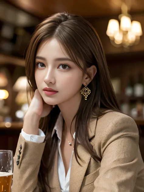 Masterpiece, Highest quality, Realistic, Very detailed, Finer details, High resolution, 8k wallpaper, One beautiful woman, Wear a nice suit, In a nice pub, At night, Light brown messy hair, Perfect dynamic composition, Beautiful and beautiful eyes、Big earr...