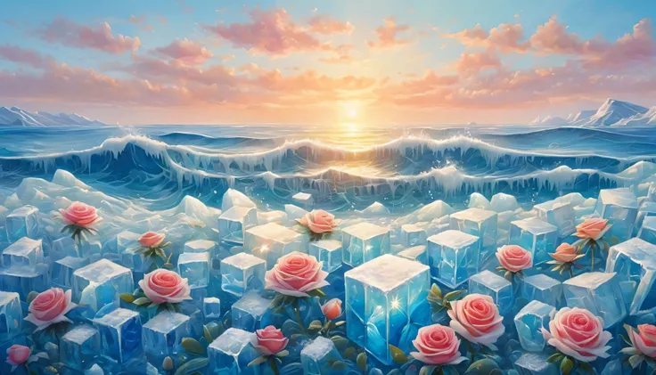 painting:(((sunrise,{{ocean}},horizon,peaceful))),Red rose in Ice cubes,Ice cubes,Frozen roses, Refracted Light