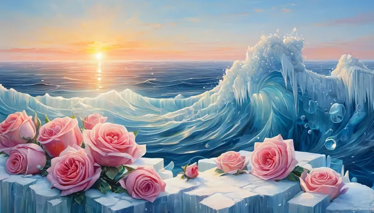 painting:(((sunrise,{{ocean}},horizon,peaceful))),Red rose in Ice cubes,Ice cubes,Frozen roses, Refracted Light