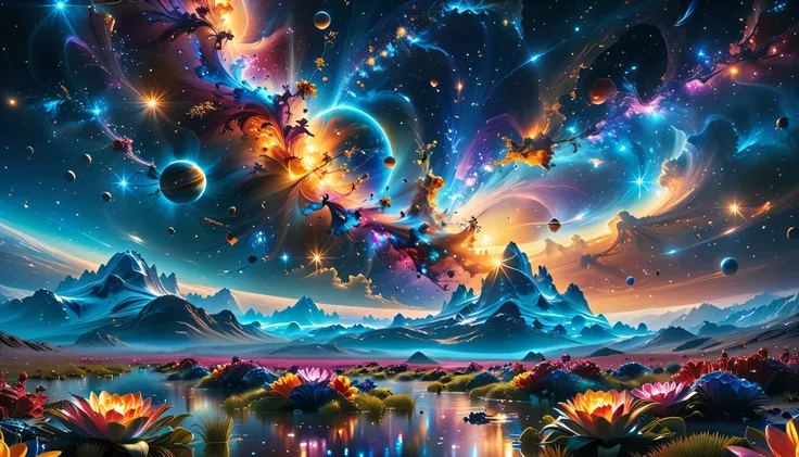 32K resolution masterpiece , high quality, Super Details, official art, creates a masterpiece of exquisite craftsmanship, Beautiful and Aesthetic, Ultra-fine features , Stunning Details. breathtaking, Exotic flowers of all shapes and sizes bloom in the s...