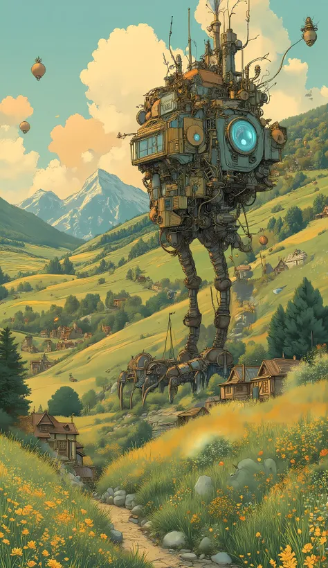Studio Ghibli-inspired illustration, (soft painterly textures:1.2), (dreamy and warm color palette:1.3), hand-drawn fantasy city, cozy atmosphere, intricate rooftops, cobblestone streets, whimsical architecture, lush greenery, magical realism, soft golden ...