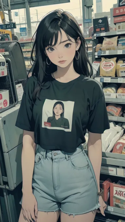 an Alaf woman looking at her phone at the store, Photo ,  Reddit , vulgar , in the supermarket, shirt, shirt, wearing   tight shirt , Tshirt, tattoo, So I encouraged her to stand in line,  ink,   tight shirt ,   Imagine , ((Costco supermarket))