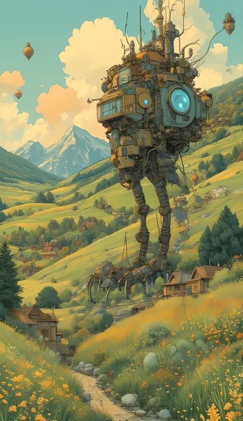 Studio Ghibli-inspired illustration, (soft painterly textures:1.2), (dreamy and warm color palette:1.3), hand-drawn fantasy city, cozy atmosphere, intricate rooftops, cobblestone streets, whimsical architecture, lush greenery, magical realism, soft golden ...