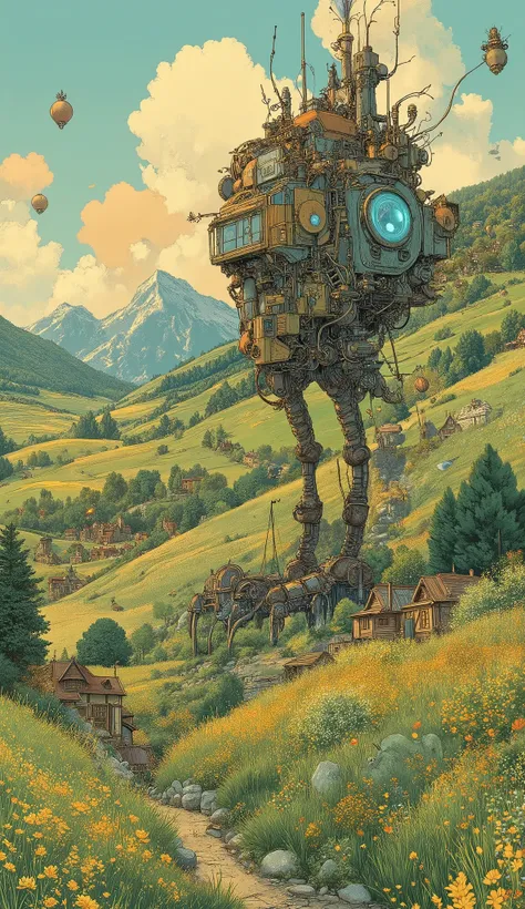 Studio Ghibli-inspired illustration, (soft painterly textures:1.2), (dreamy and warm color palette:1.3), hand-drawn fantasy city, cozy atmosphere, intricate rooftops, cobblestone streets, whimsical architecture, lush greenery, magical realism, soft golden ...