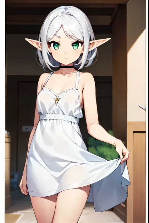 1girl, Female Elves (White dress 3.4) feet bare small tits WHITE HAIR A  girl Standing Masterpiece, Anatomically correct, (Green Eye 5.5) From Suave Anime CG Art, 