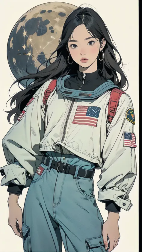 PRADA spacesuit holding the American flag is standing on the surface of the moon、A Japanese woman wearing a, joWonder inspired, Ade Santra style, on canvas, Memes, Instagram story, encouraging quotes