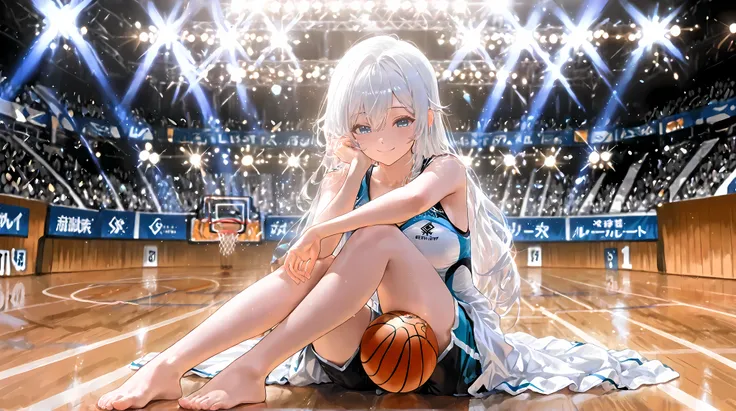 Alisa sitting on basketball wooden floor, folding legs, white hair, blue eyes, pick up the basket ball in his one hand, and one hand on the floor for balance support, she takes black basketball shorts dress, giving a cute smile, Beutiful, a Beutiful basket...