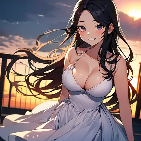 Ribbon in hair, Gentle expression, Floral decoration, 満面のsmile, spin,  dance, キュートなsmile, 
 dress, blue shirt, Cleavage Emphasis, Exposed Shoulders, White mini skirt, 
Flowering garden, Outdoors, middle ages, village, Sunset Background, bridge, 
(solo:1.1)...