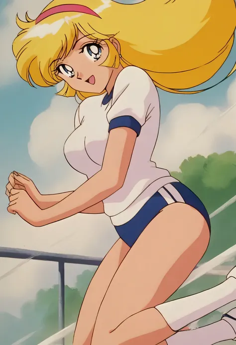 masterpiece,best quality,very aesthetic,highres, KisaragiHoney, 1girl, solo, blonde hair, long hair, blue eyes,smile,medium breasts, hairband,((white shirt)),navy buruma,white socks,athletic shoes,(jumping),outdoor, looking at viewer,cowboy shot,retro arts...