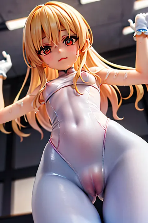 (masterpiece, best quality, absurdres, detailed:1.2),The pale pink fullbodysuit she is wearing is wet with sweat and ((see-through)), especially the pussy area is almost transparent., rhythmic gymnastics、 (small tits, thigh gap,7歳,cameltoe,nub), blonde, lo...